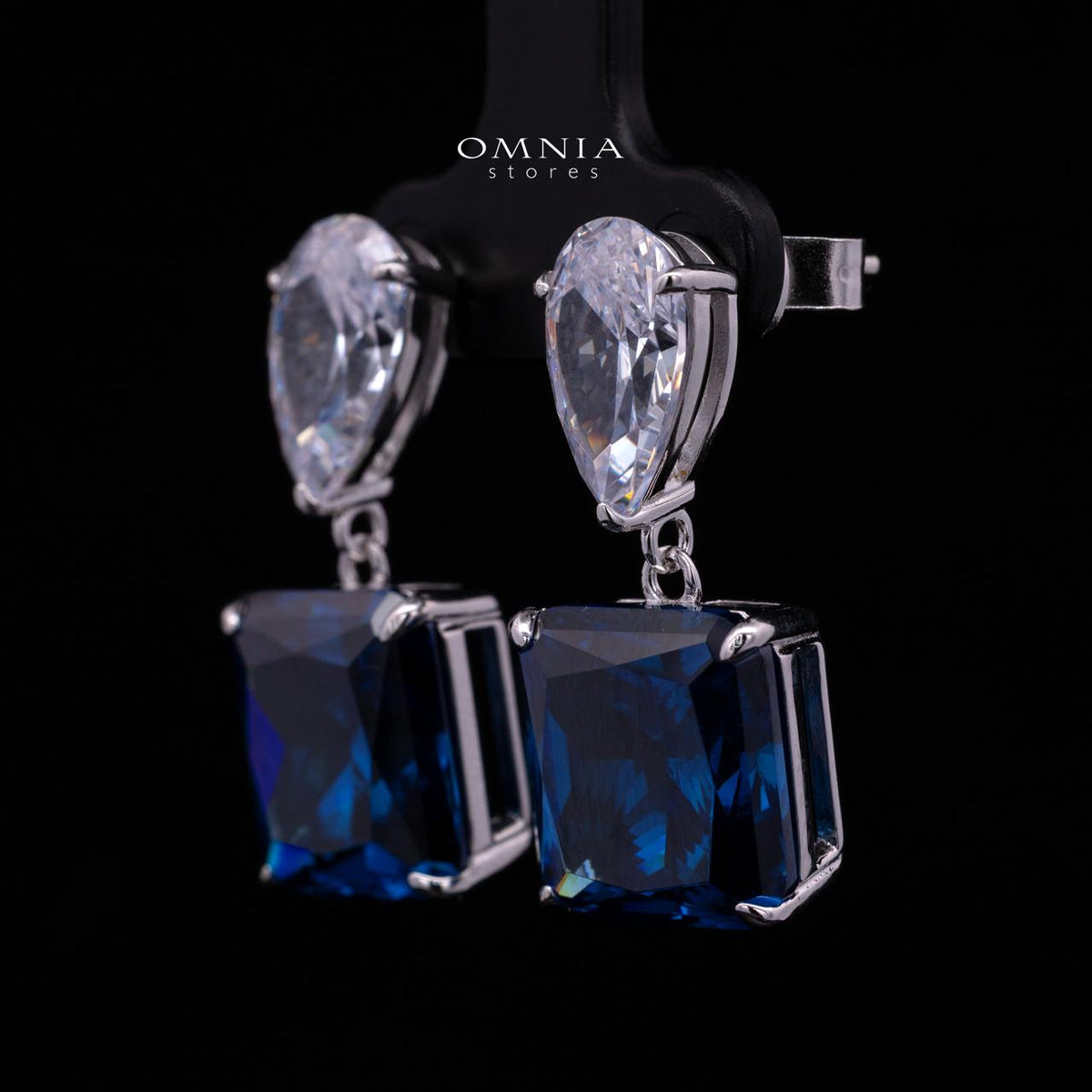 Bettina Blue Drop Earrings in 925 Silver with High-Quality Simulated Diamond