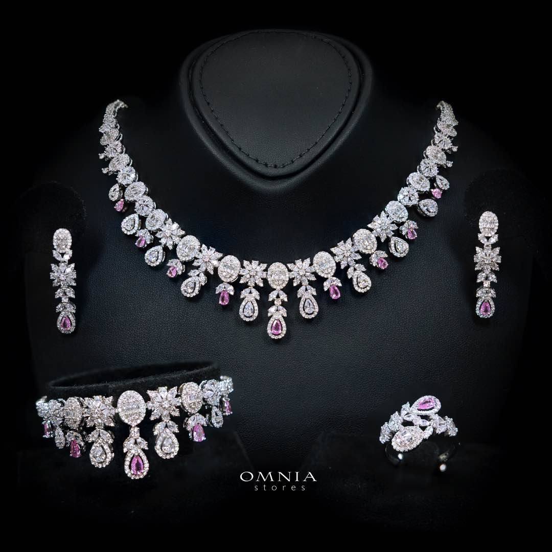 Omnia Trisha Pink Full set Accessories in High Quality Zircon Stone in Rhodium Plated