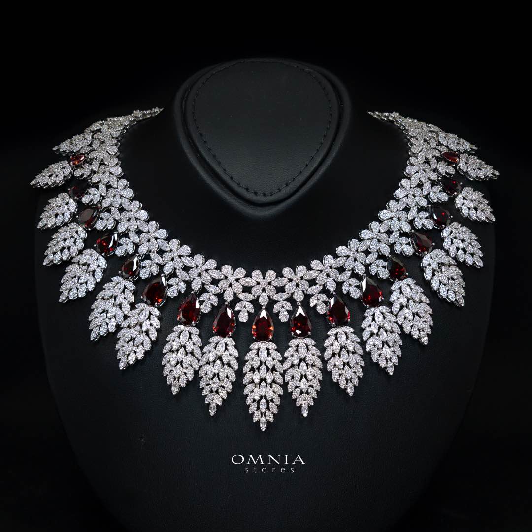 Omnia Asrar Red Bridal Full Set in High Quality Zircon Stone Rhodium Plated