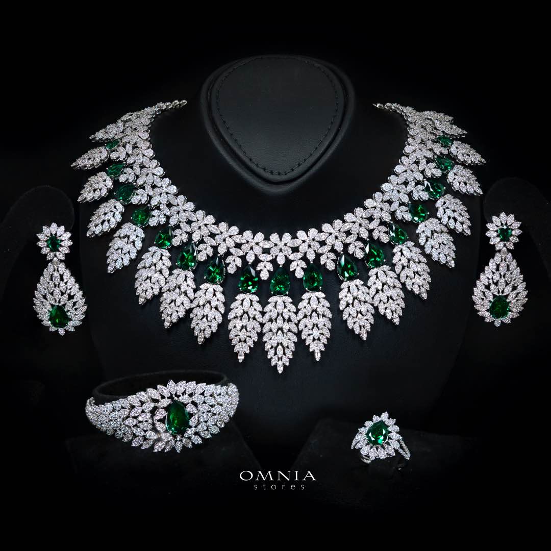 Omnia Asrar Green Bridal Full Set in High Quality Zircon Stone Rhodium Plated