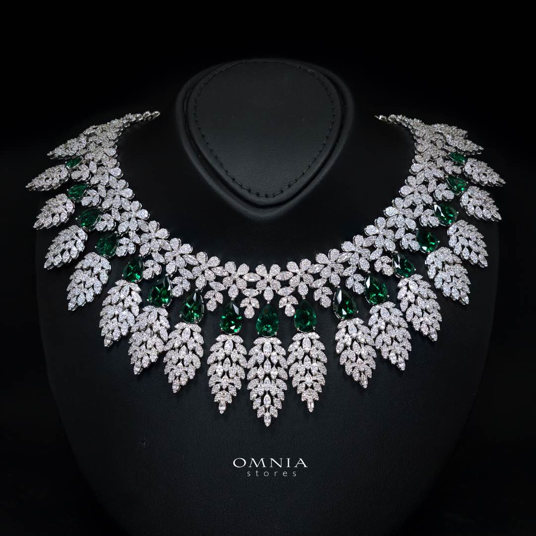 Omnia Asrar Green Bridal Full Set in High Quality Zircon Stone Rhodium Plated