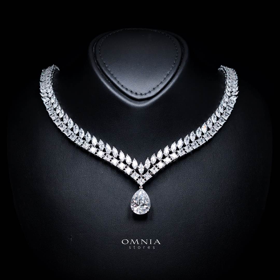 Omnia Dalal Bridal White Full Set with Teardrop Design in High Quality Zircon Stone Rhodium Plated