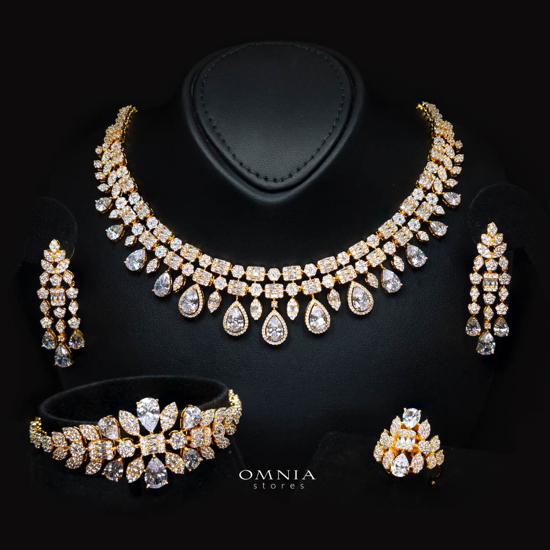 Omnia Adelita Golden Luxury Bridal Full Set in High Quality Zircon Stone Rhodium Plated