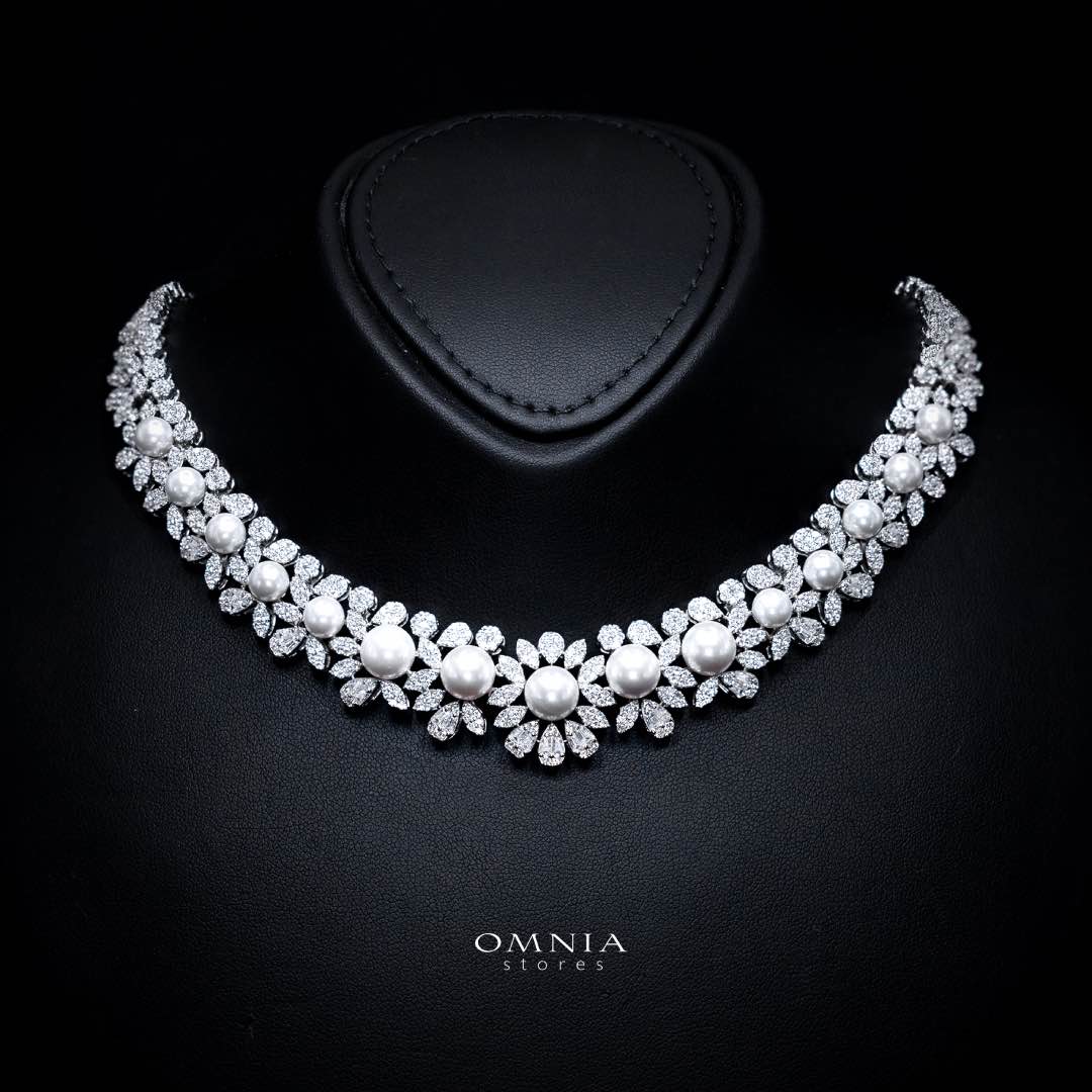 Omnia Rukaya Floral Pearl Luxury Bridal Full Set – High-Quality Zircon & Rhodium Plated Jewelry