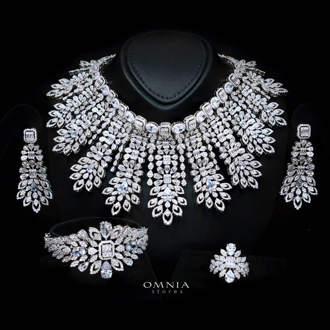 Omnia Athar White Luxury Bridal Full Set in High Quality Zircon Stone Rhodium Plated