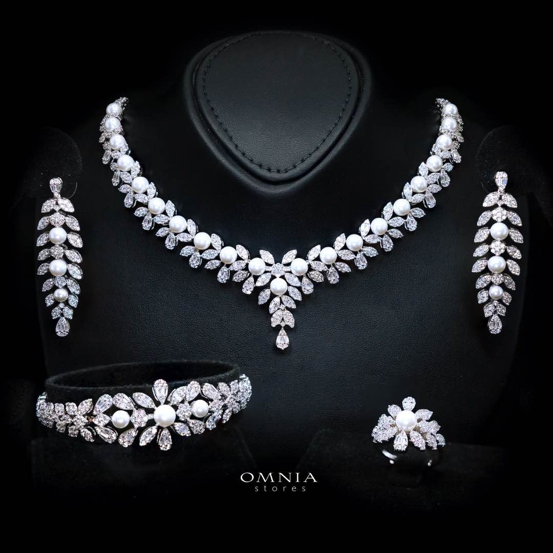 Omnia Laurah Luxury Bridal Full Set – Pearl & Zircon Statement Jewelry (Rhodium Plated)