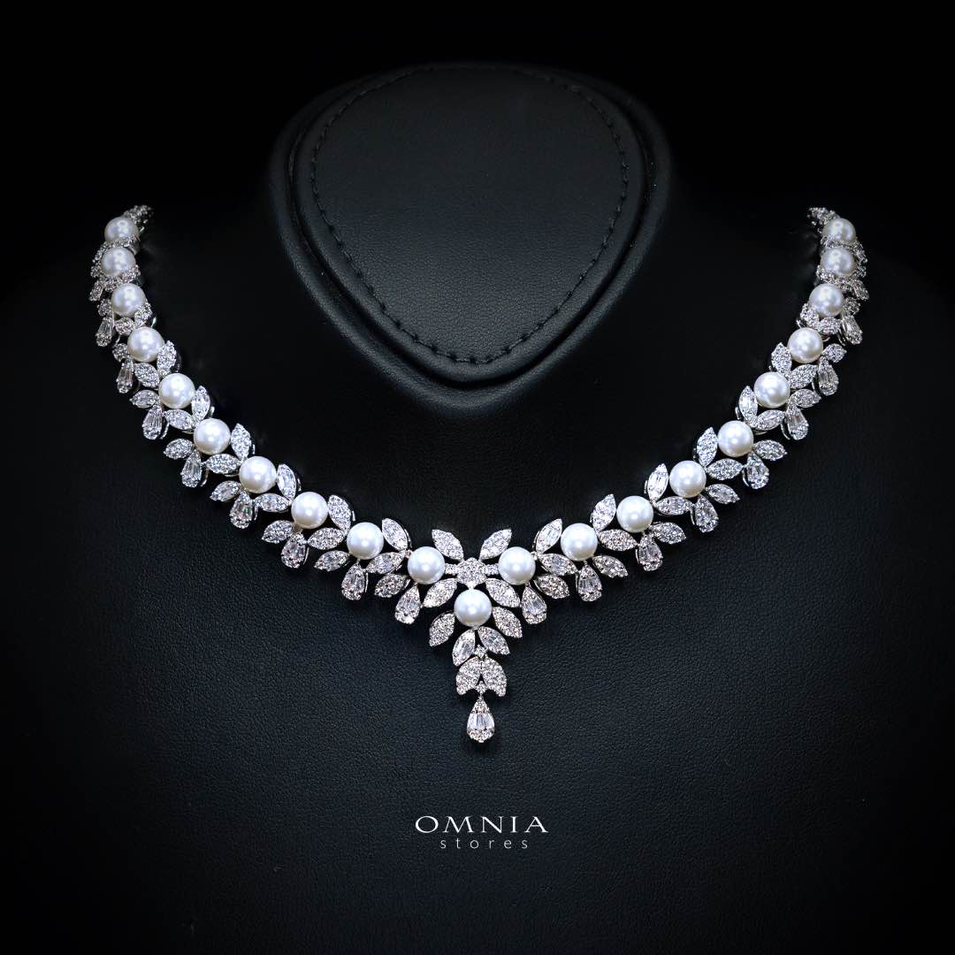 Omnia Laurah Luxury Bridal Full Set – Pearl & Zircon Statement Jewelry (Rhodium Plated)