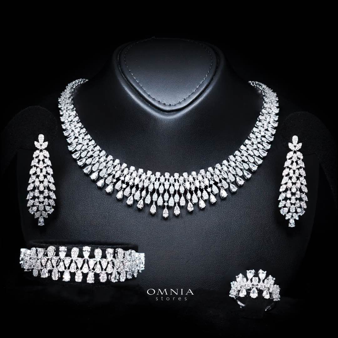 Omnia Nazeera White Bridal Full Set in High Quality Zircon Stone Rhodium Plated
