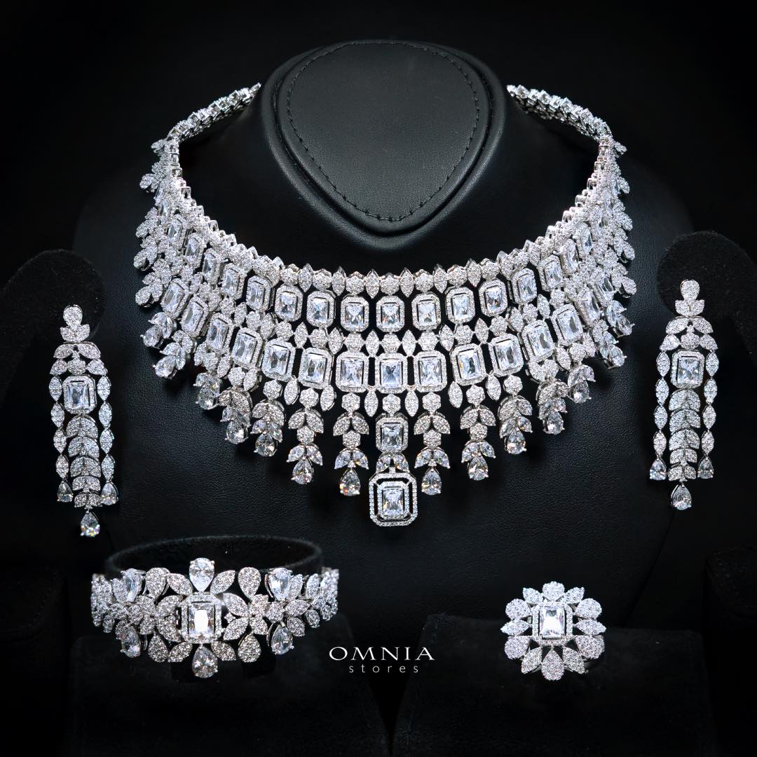 Omnia Kaila Luxury Bridal White Choker Full Set in High Quality Zircon Stone Rhodium Plated