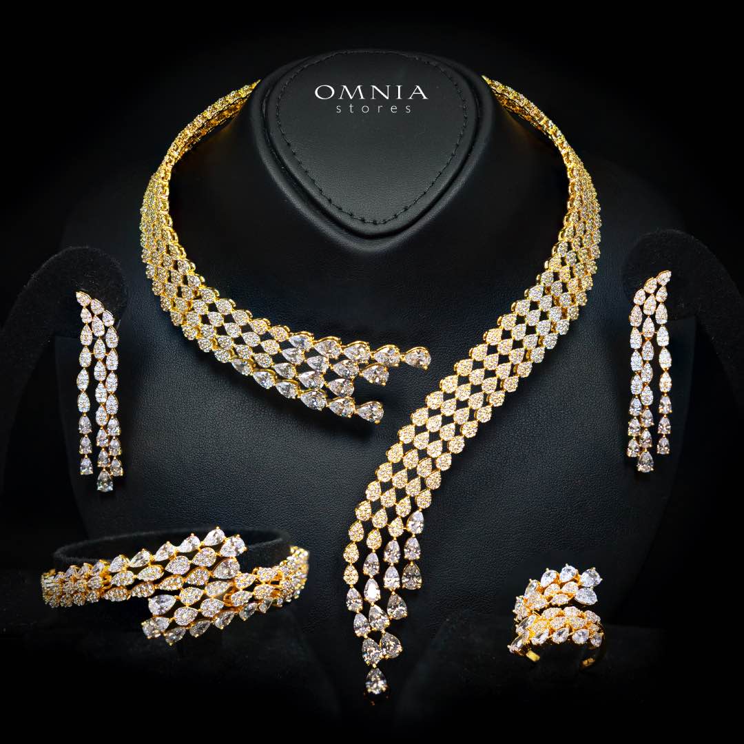 Omnia Amrah Luxury Bridal White and Gold Full Set in High Quality Zircon Stone Rhodium Plated