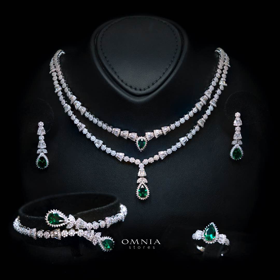 Omnia Ethereal Green Drop-Down Pear Shape Full Set in Rhodium Plated