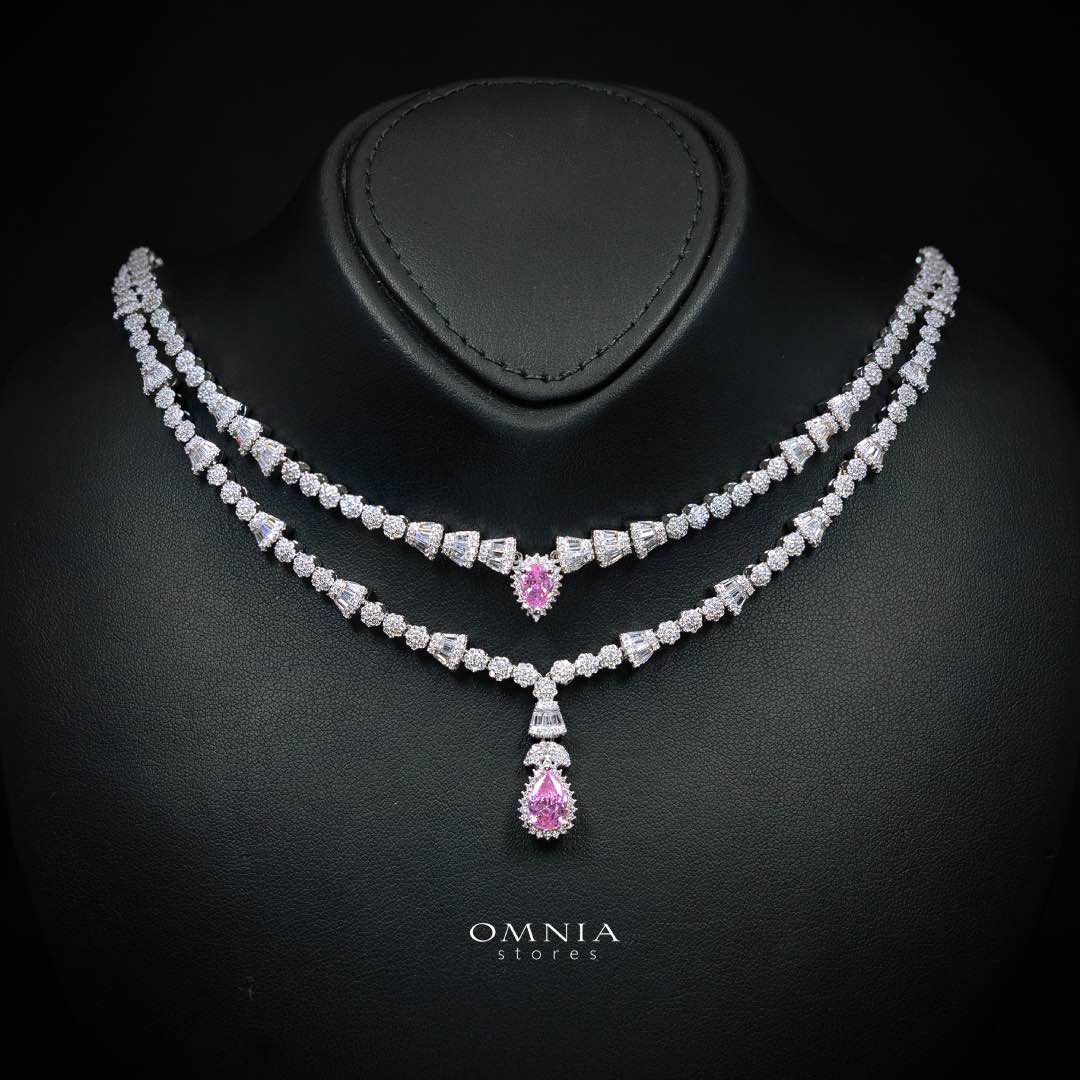 Omnia Ethereal Pink Drop Luxury Bridal Full Set in High Quality Rhodium Plated Zircon Stones