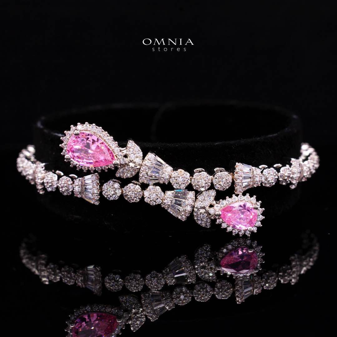 Omnia Ethereal Pink Drop Luxury Bridal Full Set in High Quality Rhodium Plated Zircon Stones
