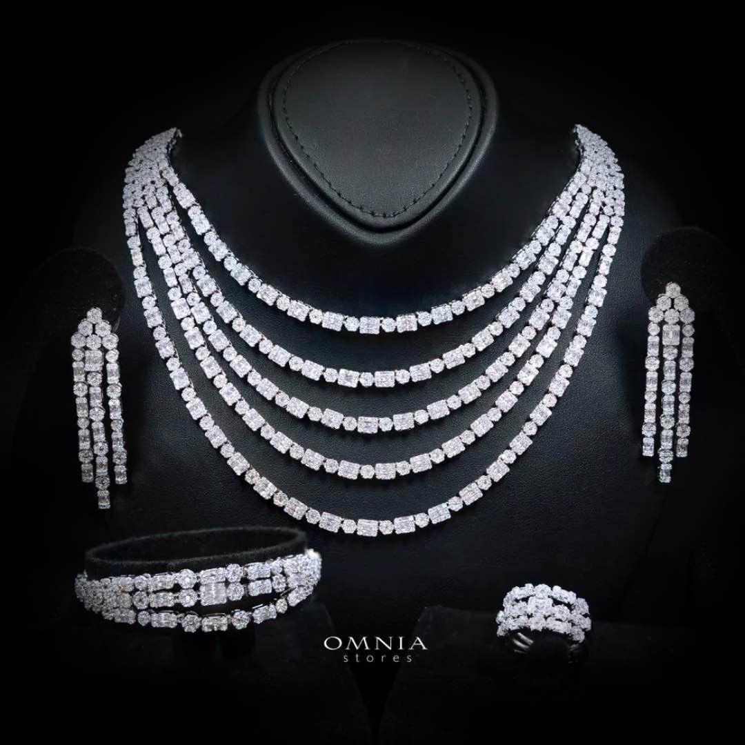 Omnia Abby White Layered Luxury Bridal Full Set in High Quality Rhodium Plated Zircon Stones