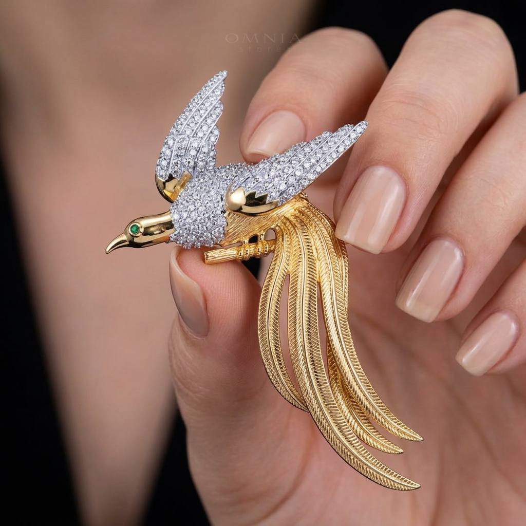 Omnia Aiman Silver and Gold Bird Brooch in 925 Silver High Quality Simulated Diamond Stones