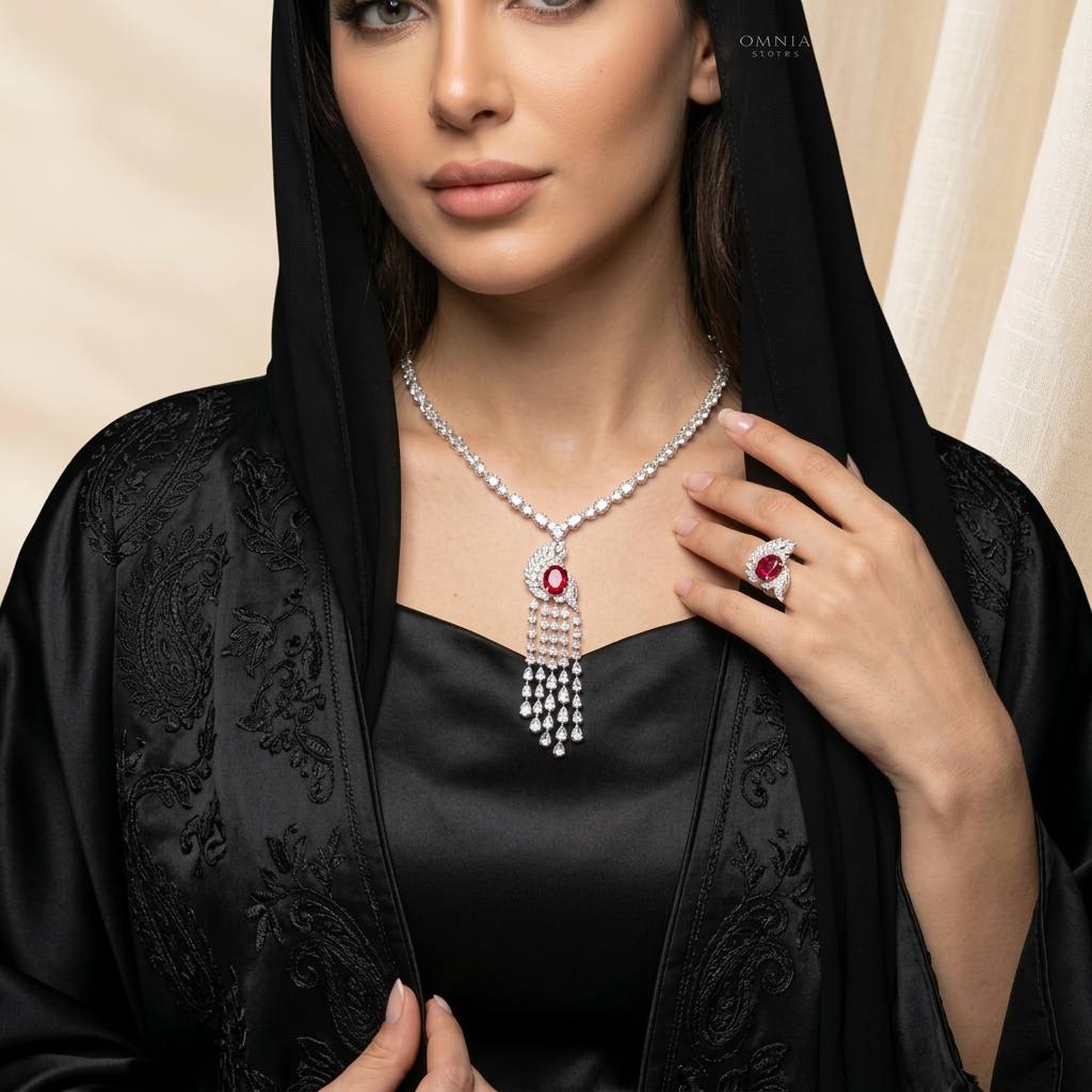 Omnia Bariza Maroon Necklace & Ring Set in 925 Silver with Oval and Marquise-Cut High-Quality Simulated Diamonds