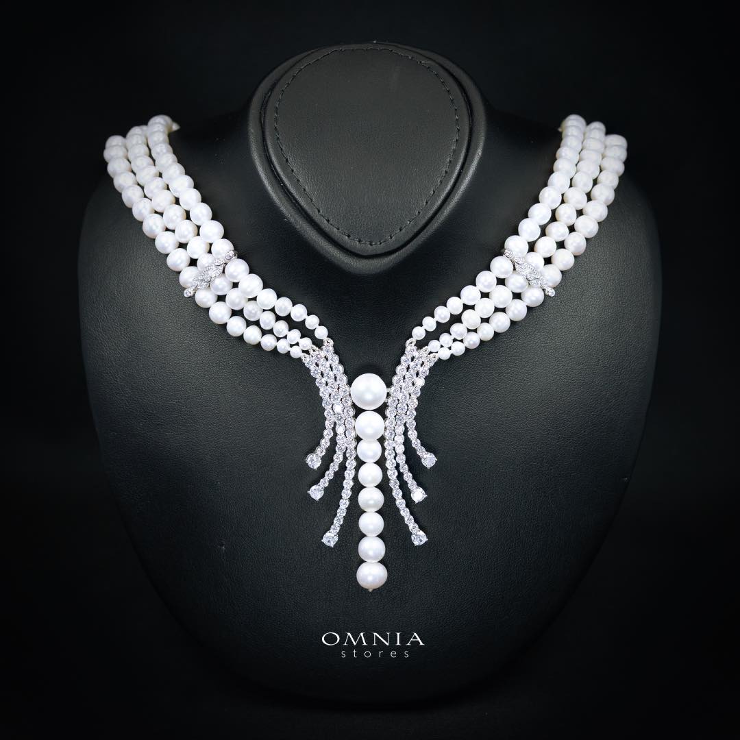 Omnia Shanina Bridal Full Set Designed with Freshwater Real Pearls and High-Quality Simulated Diamonds in a Rhodium Plated Finish