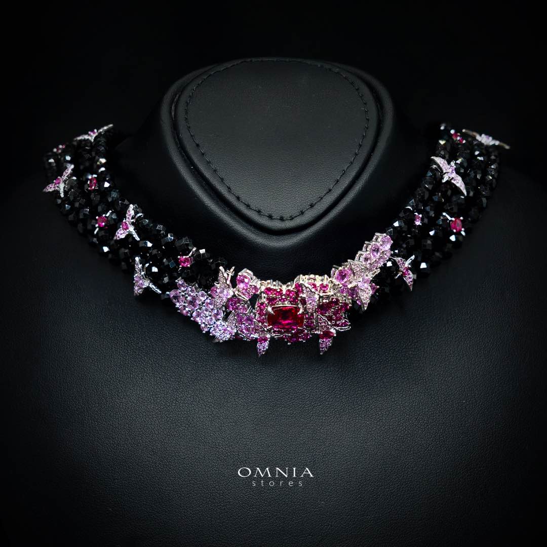 Omnia Blossom Black Beads Necklace in 925 Silver with High Quality Simulated Diamonds