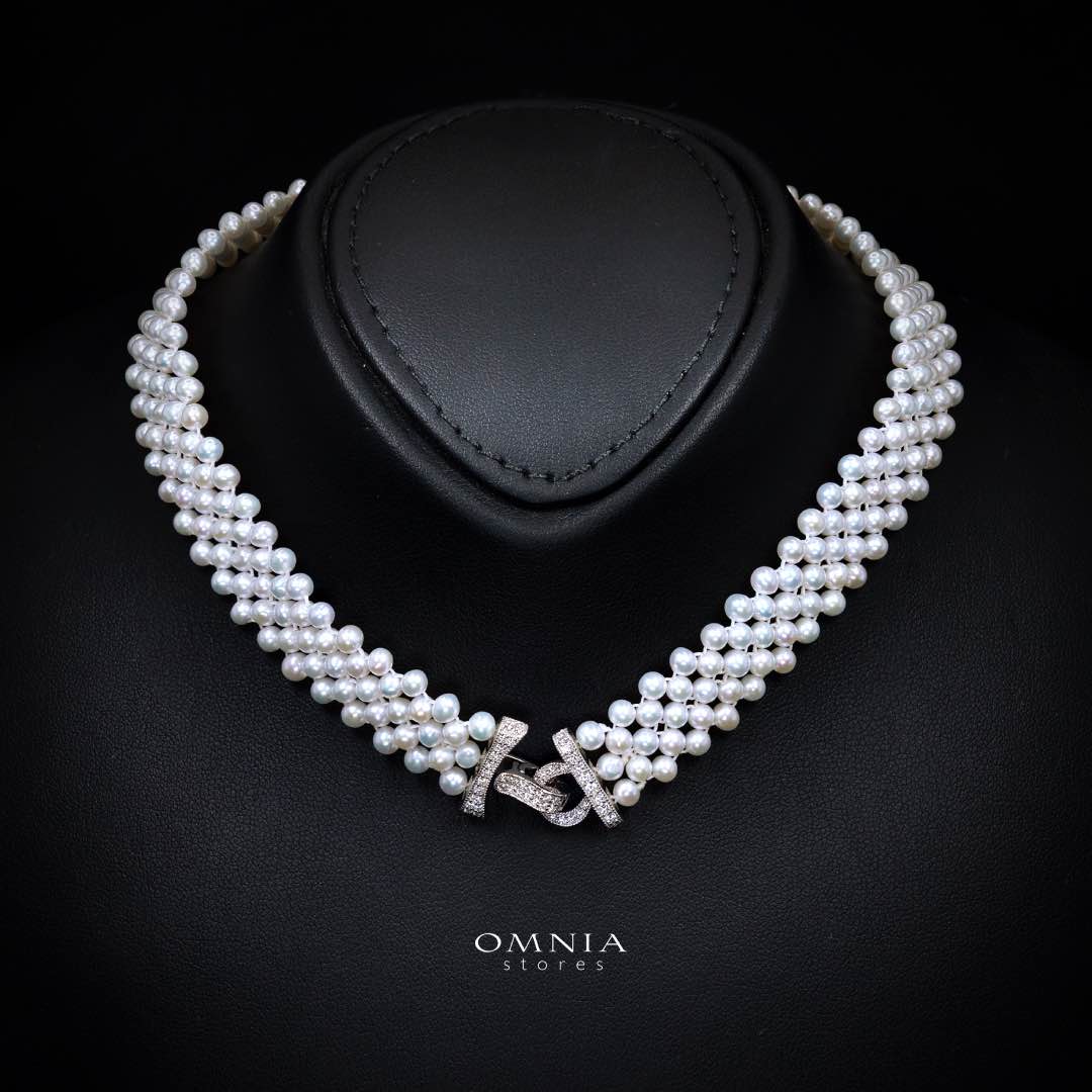 Omnia Alice Fresh Water Pearl Necklace and Bracelet Set with 925 Silver High Quality Simulated Diamonds Stones