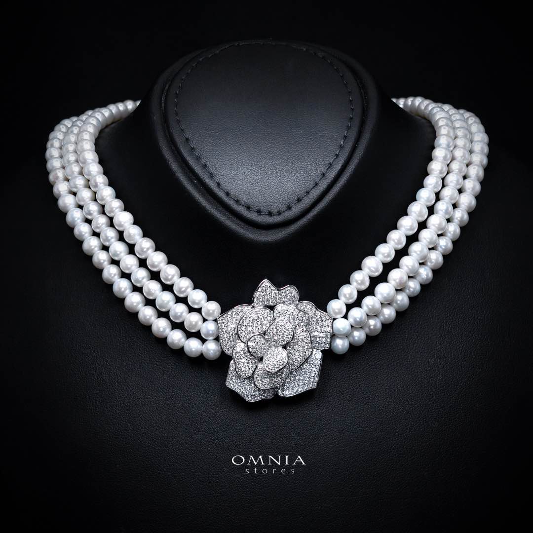 Omnia Nazira Silver Pearl Necklace and Flower Earrings in 925 Silver Accessories High Quality Simulated Diamonds