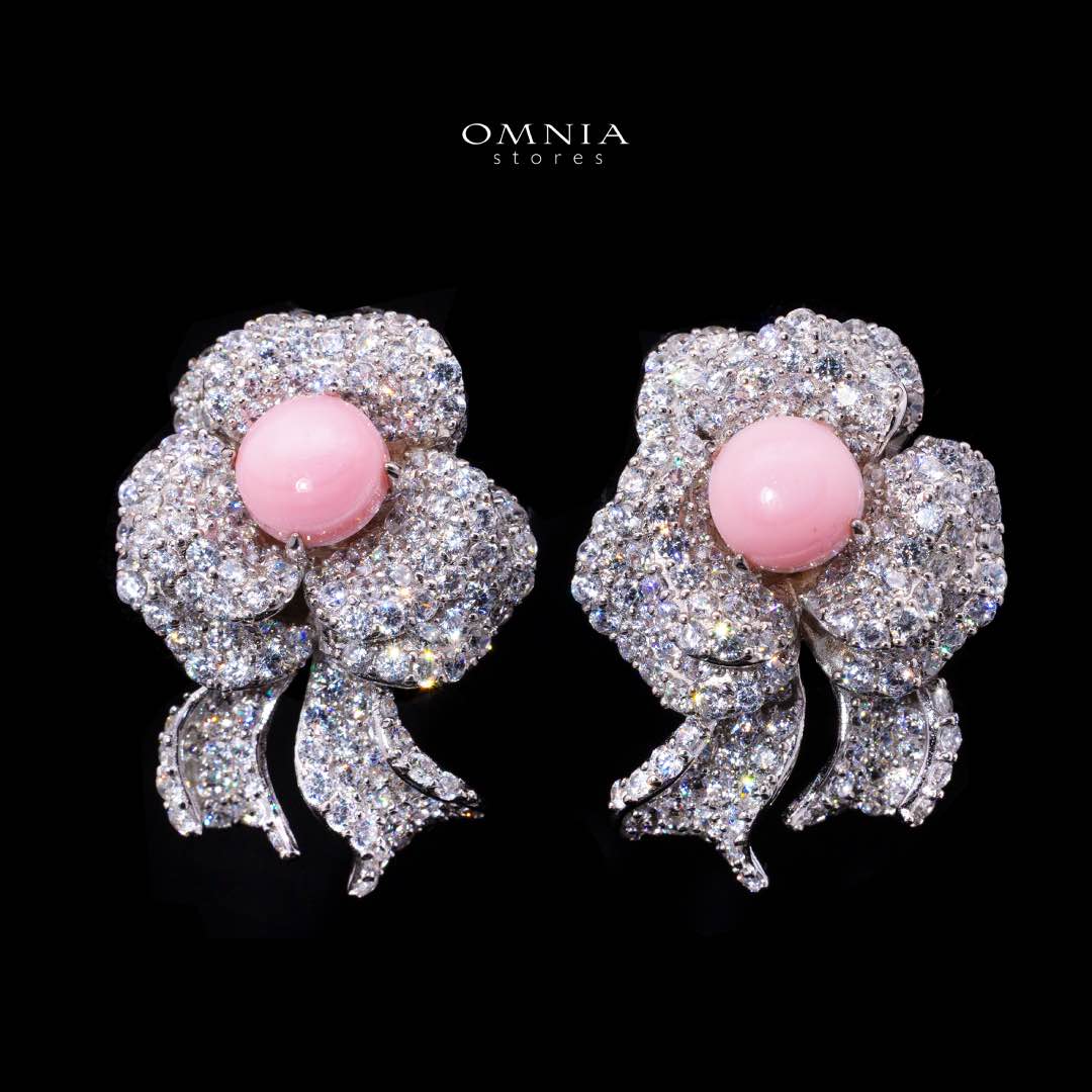 Omnia Malaika Pink Coral Floral Earrings With High Quality Simulated Diamonds in 925 Silver