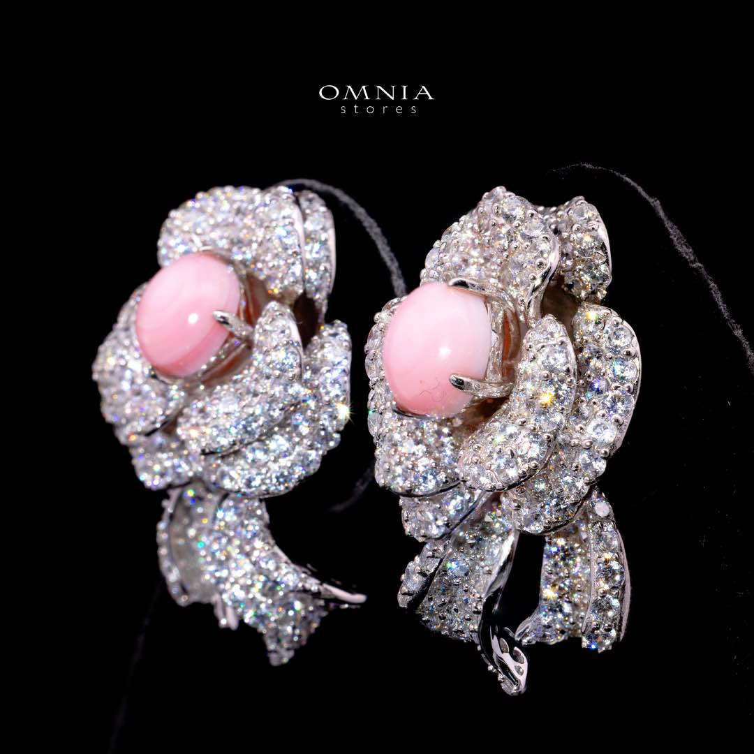 Omnia Malaika Pink Coral Floral Earrings With High Quality Simulated Diamonds in 925 Silver