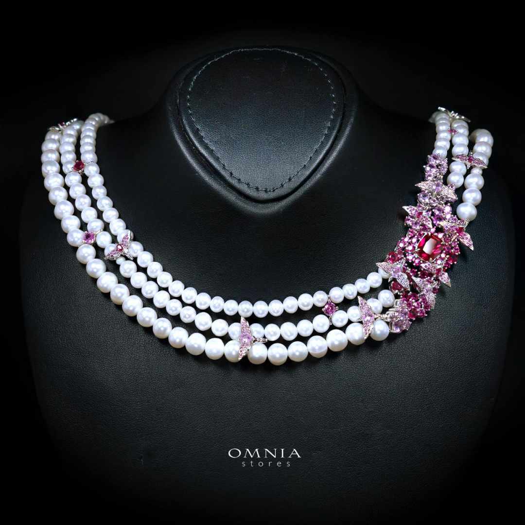 Omnia Blossom Pearl Necklace in 925 Silver with High Quality Simulated Diamonds