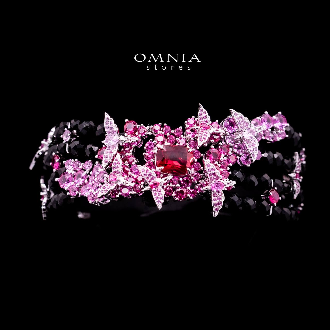 Omnia Blossom Black Beads Bracelet in 925 Silver with High Quality Simulated Diamonds