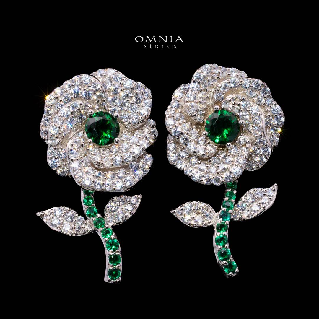 Omnia Rena White and Green Clip Earrings With High Quality Simulated Diamonds in 925 Silver