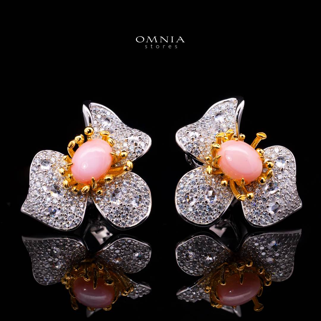 Omnia Ahram Pink Coral Flower Silver Drop Earrings in 925 Silver High Quality White Simulated Diamond Stones