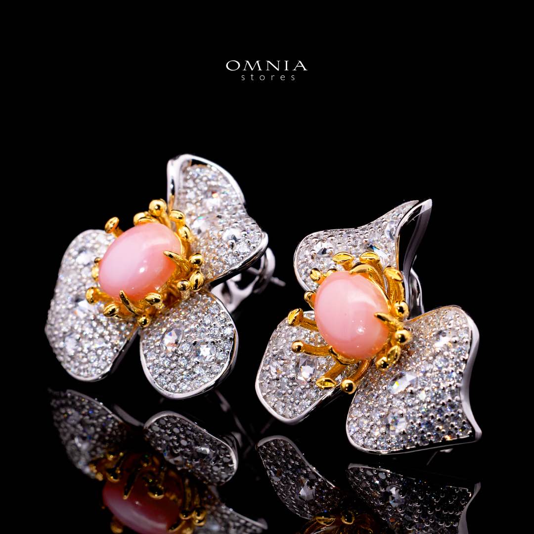 Omnia Ahram Pink Coral Flower Silver Drop Earrings in 925 Silver High Quality White Simulated Diamond Stones