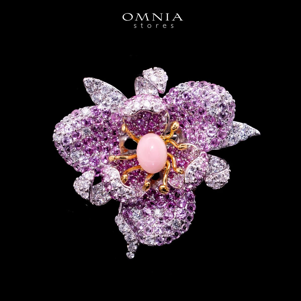 Omnia Sia Pink Coral Floral Brooch in 925 Silver High Quality Purple and White Simulated Diamonds