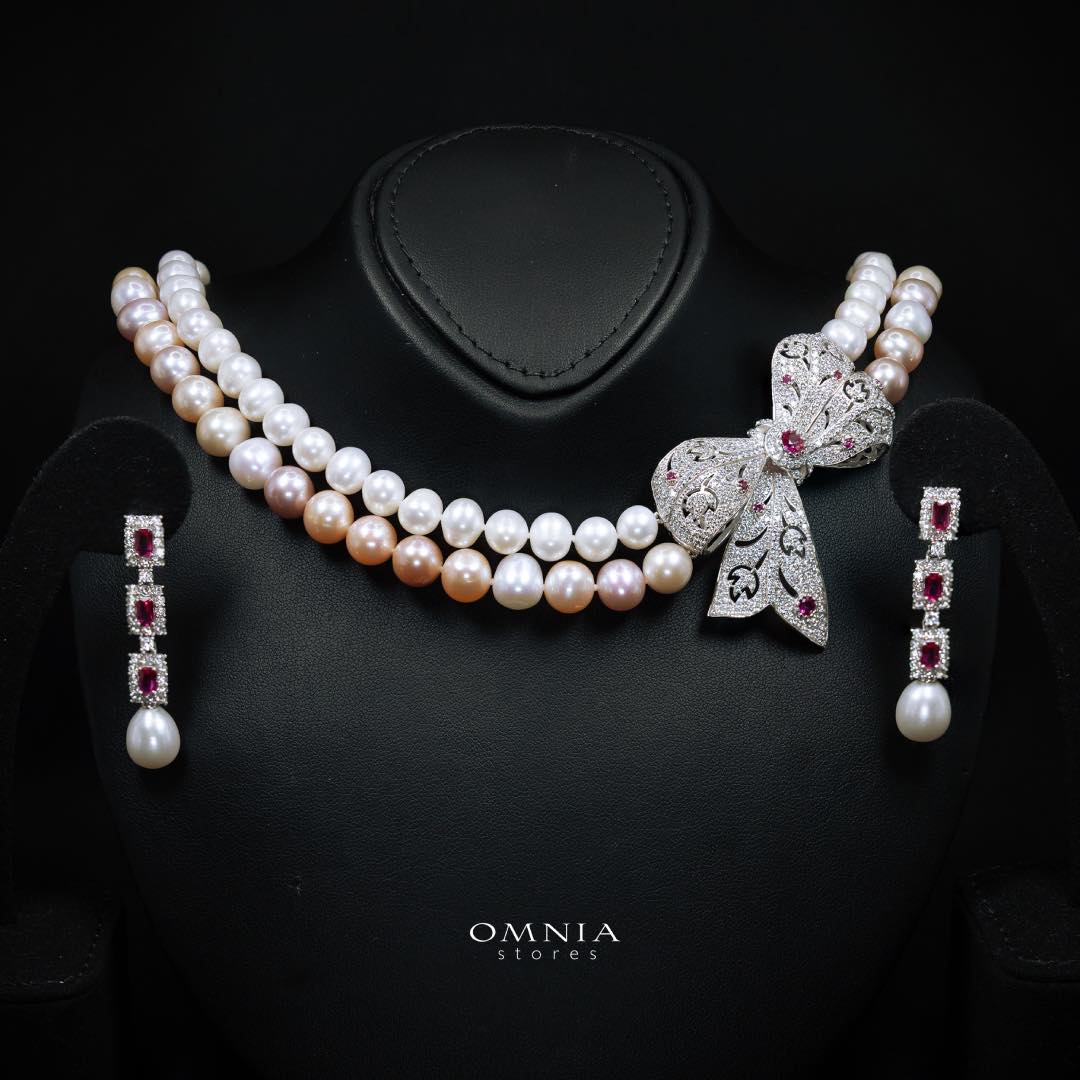 Omnia Arleth Multi-Color Real Pearl Set with Bow Accent and High-Quality Simulated Diamonds, Featuring a Double-Strand Design