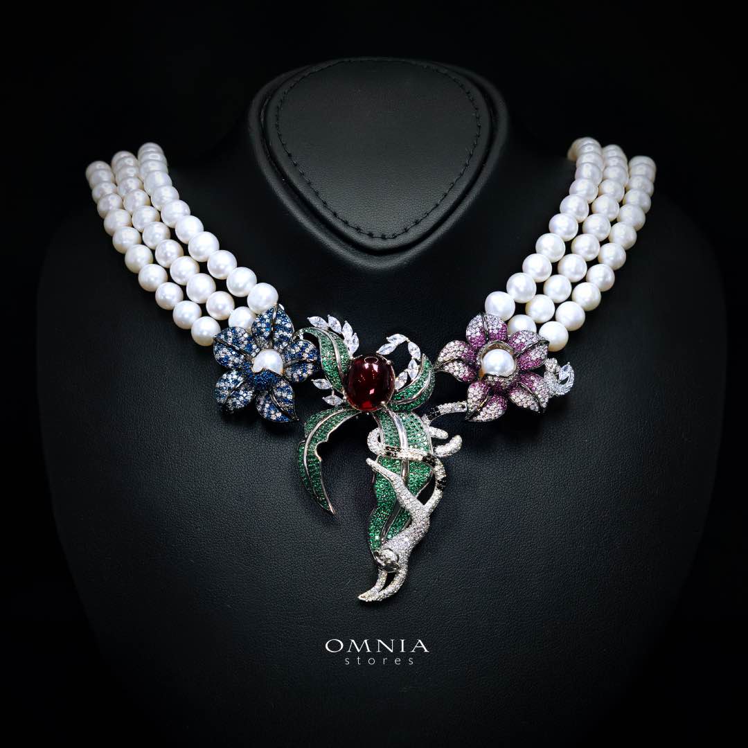 Omnia Nahla Fresh Real Water Pearl Necklace 925 Silver High Quality Simulated Diamonds