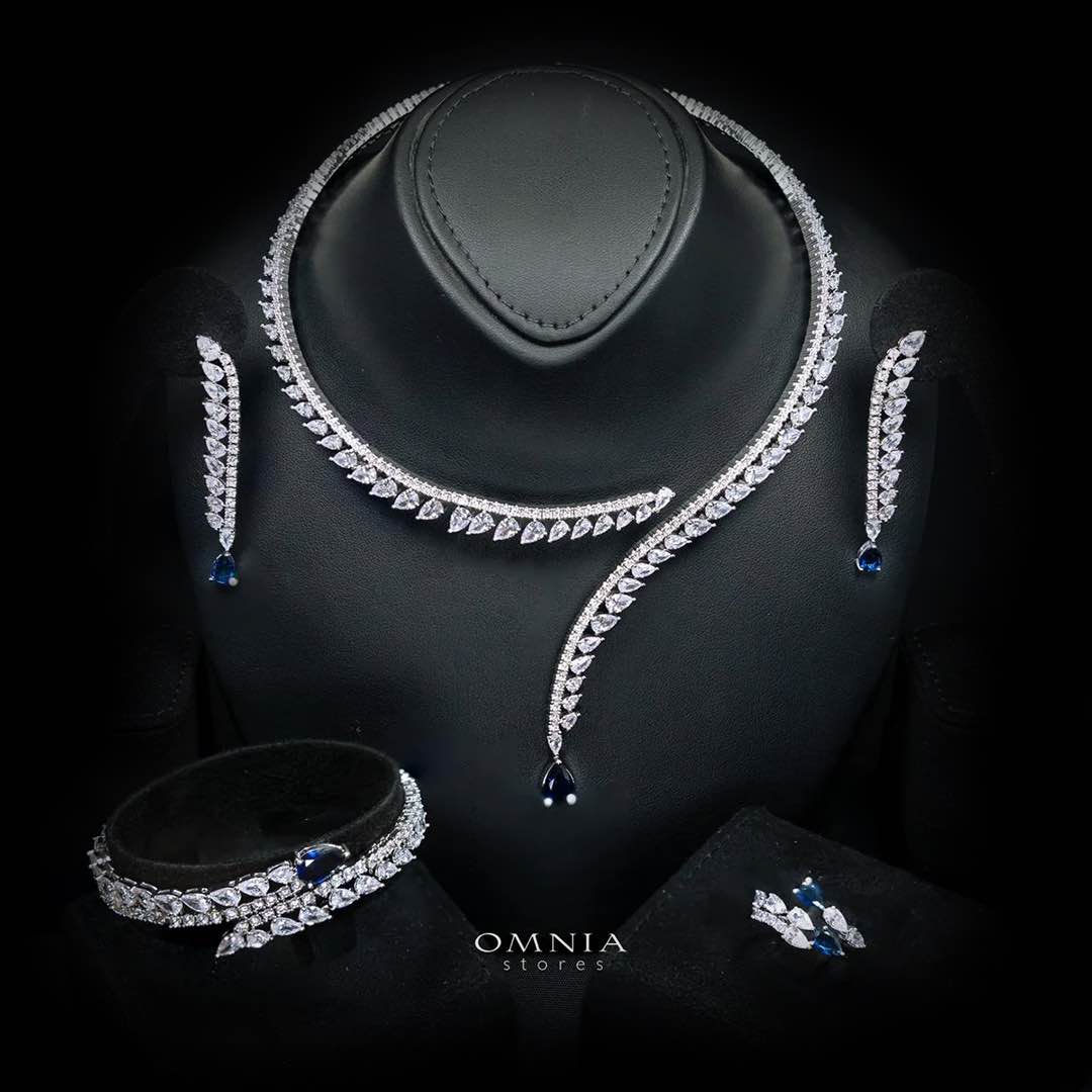 Catalina Elegant Blue Cascading Leaf Drop Bridal Full Set with High-Quality Premium Zircon Stones, Rhodium-Plated Finish