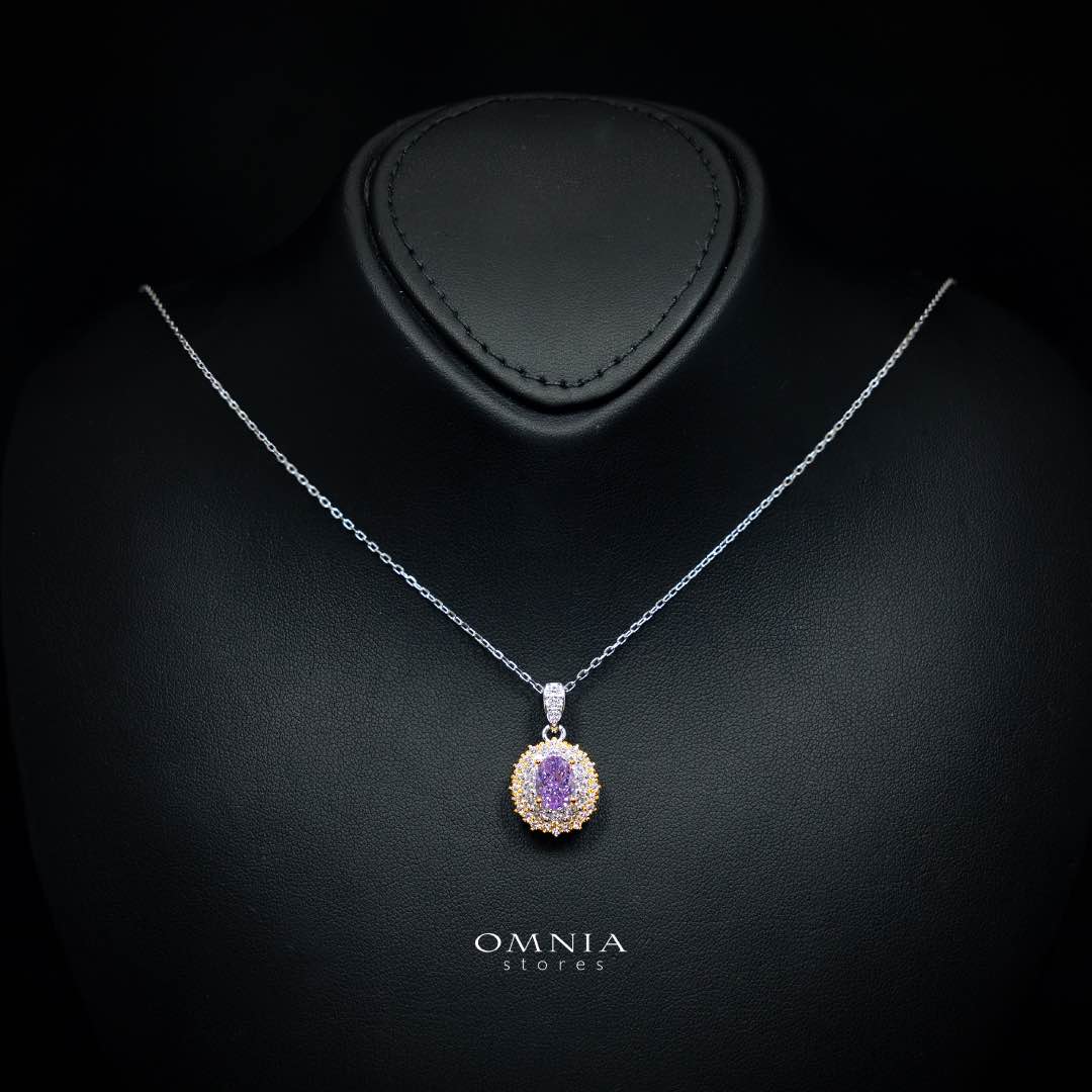 Omnia Faryal Oval Purple Pendant Necklace in 92.5 Silver with High Quality Simulated Diamonds