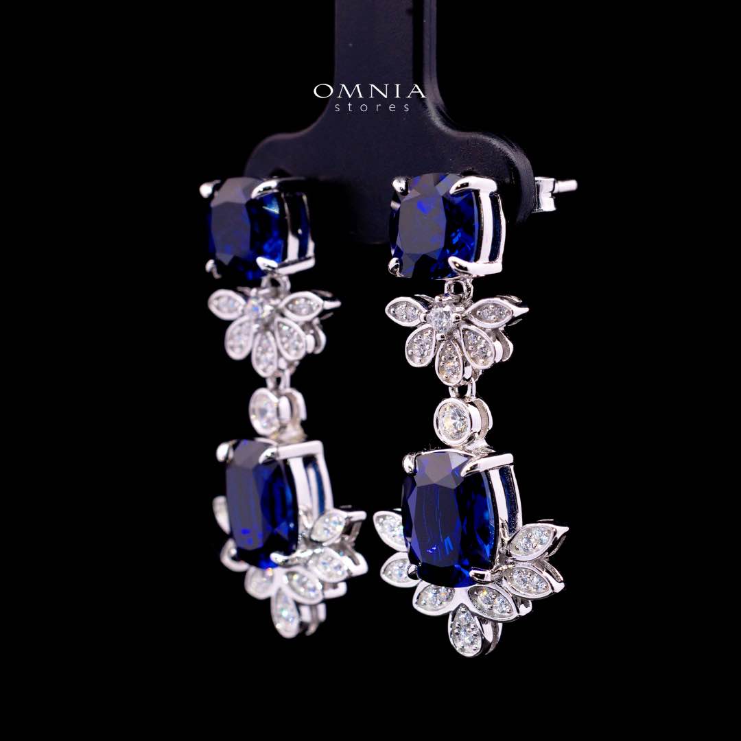 Omnia Alyah White and Blue Floral Earrings With High Quality Sapphire Lab Grown Stones in 925 Silver