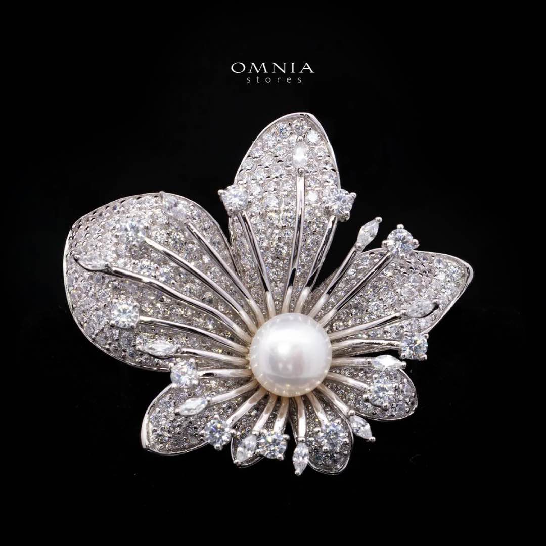Eryndra White Pearl Flower Brooch with Premium Simulated Diamonds in 925 Silver
