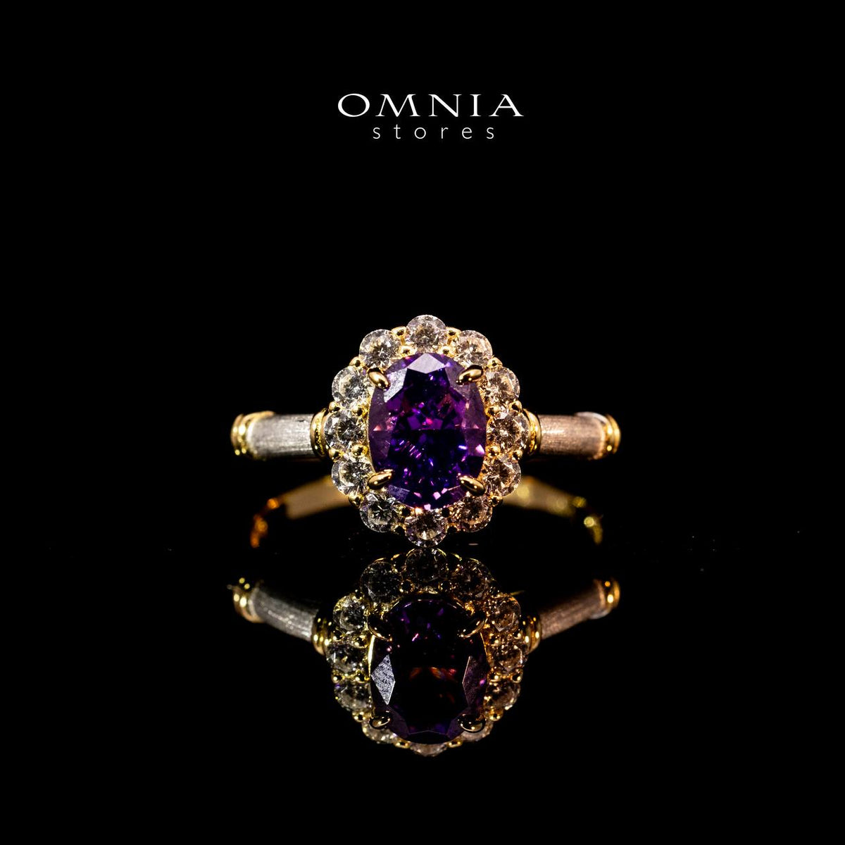 Omnia Amalya Flower Purple Gold Ring In 925 Silver High Quality Lab Crafted Stones