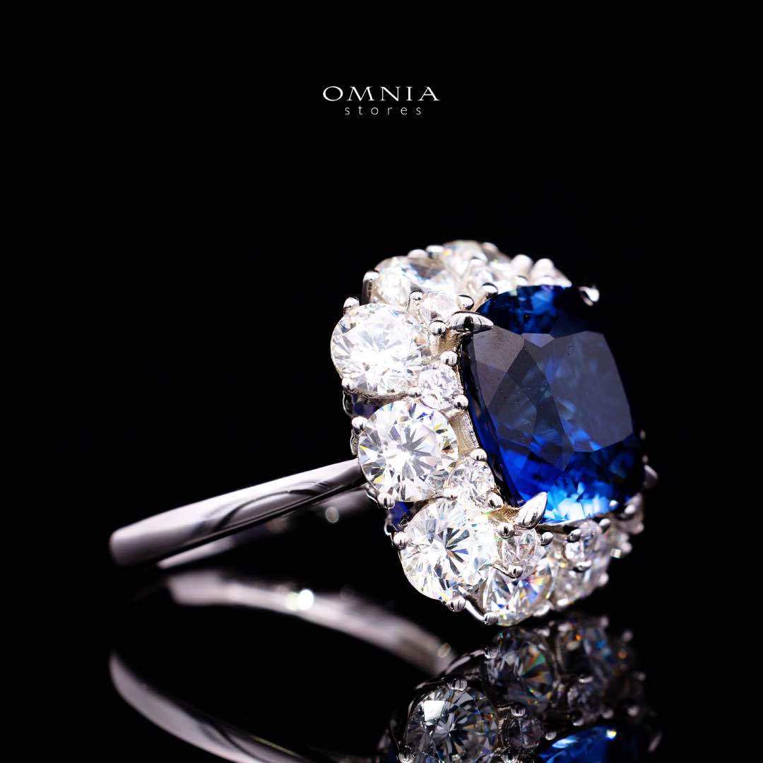 Omnia Hinza Blue Cushion Cut Ring With High Quality Certified Lab Crafted Stones In 925 Silver