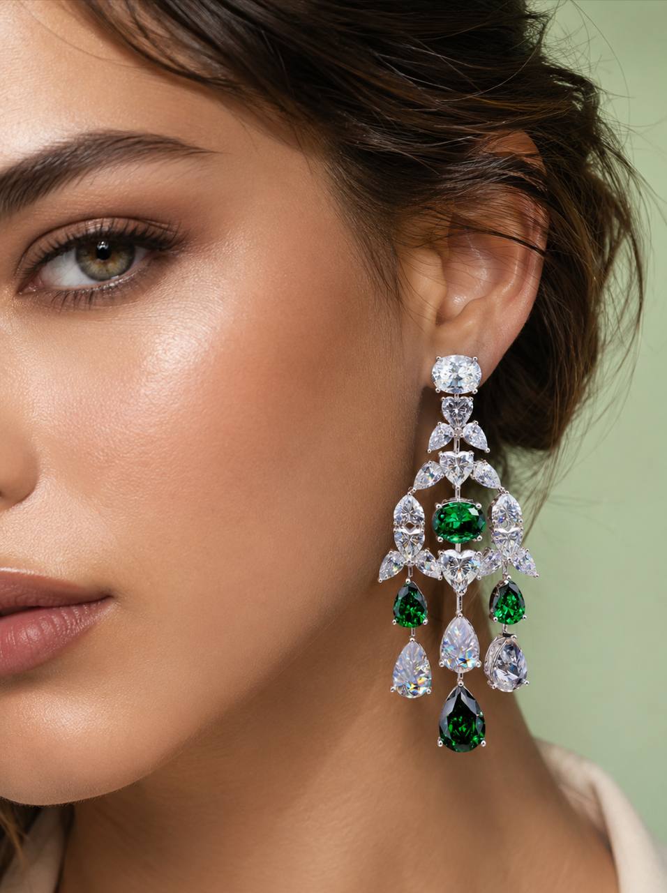 Kinza Green and White Earring with High Premium Signature Stones and Certificate in 925 Silver