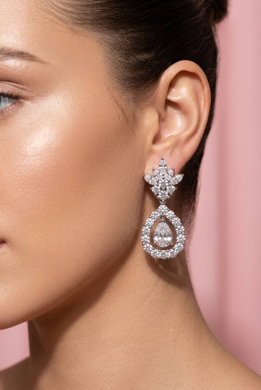 Laniyah White Moissanite Floral Halo Drop Earrings with GRA Certificate – 5x7mm Pear Cut, Rhodium-Plated 925 Sterling Silver