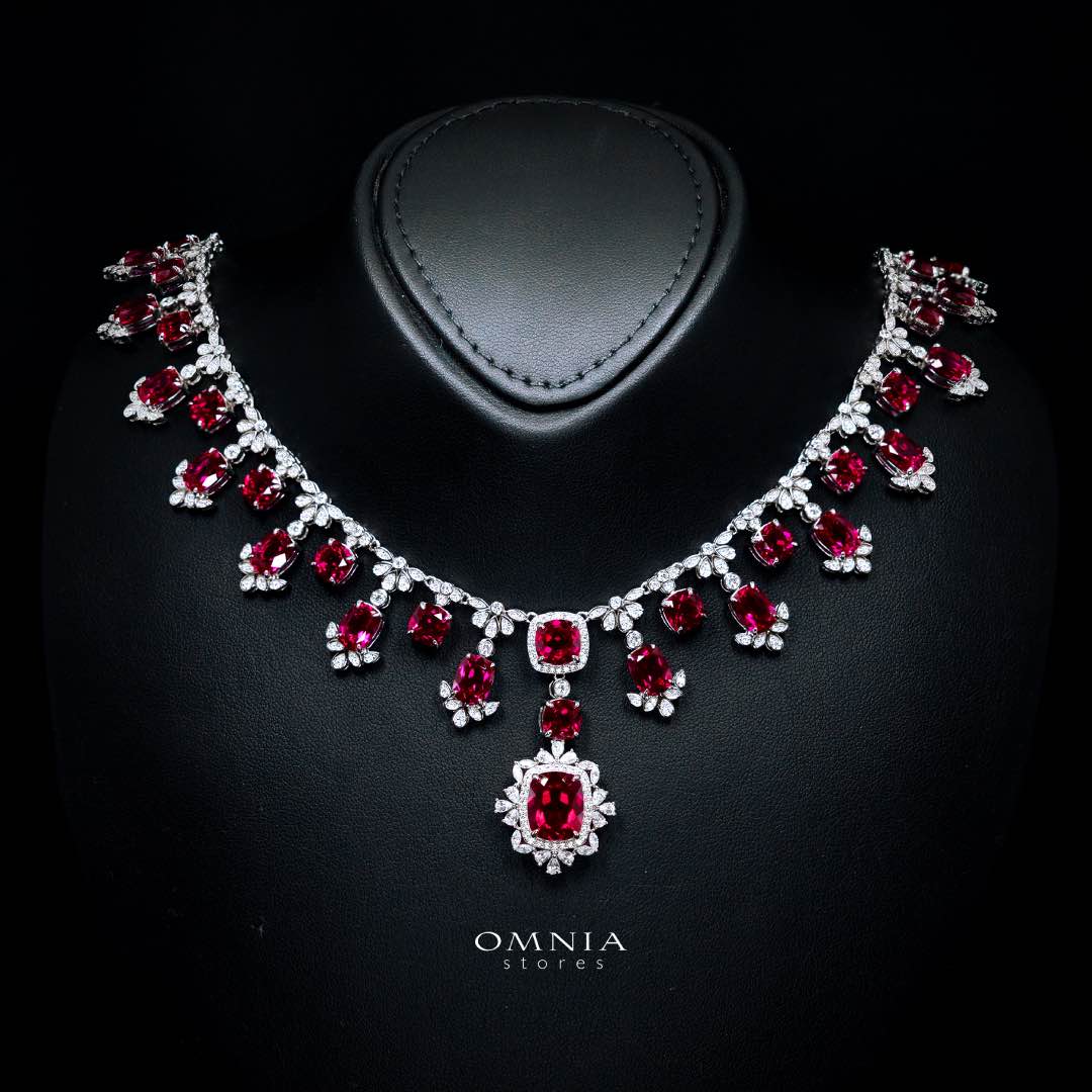 Omnia Alyah White and Red Necklace With High Quality GRC Certified Ruby Lab Grown Stones in 925 Silver