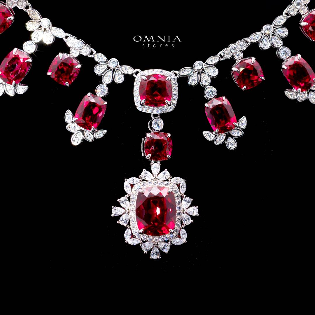 Omnia Alyah White and Red Necklace With High Quality GRC Certified Ruby Lab Grown Stones in 925 Silver