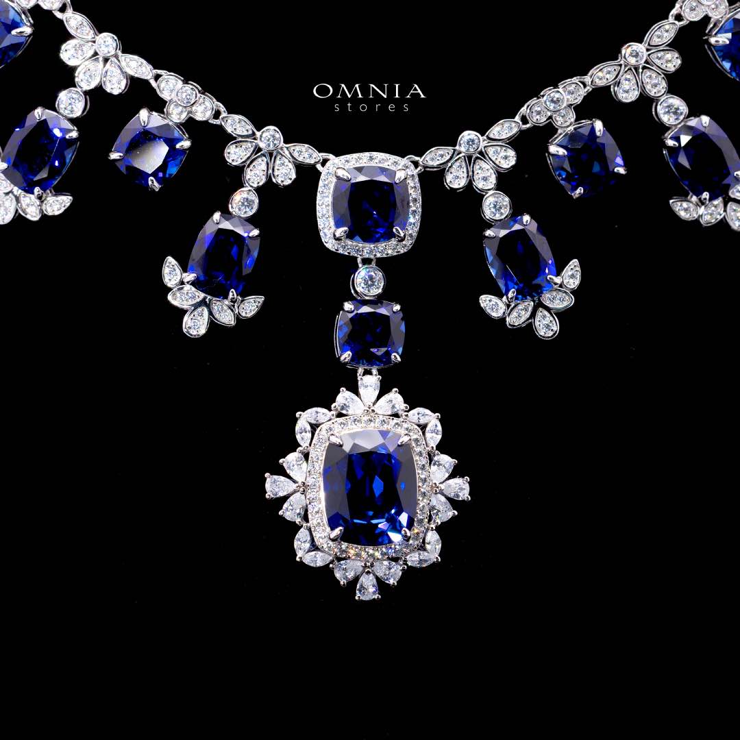 Omnia Alyah White and Blue Necklace With High Quality GRC Certified Sapphire Lab Grown Stones in 925 Silver