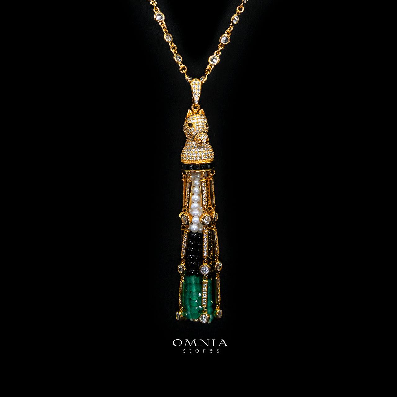 Omnia Vania Multi-Color Gold-Plated Horse Design Long Chain Necklace & Drop Earrings Set in 925 Silver with High-Quality Simulated Diamonds