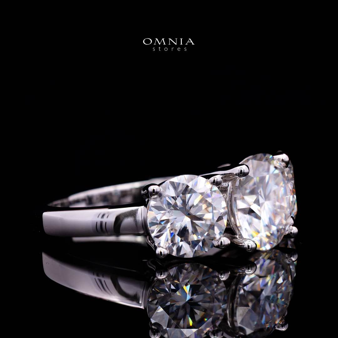 Savannah White Moissanite Three-Stone Ring – RD 8mm (2ct) Center with RD 6.5mm (1ct) Side Stones, Rhodium-Plated 925 Sterling Silver