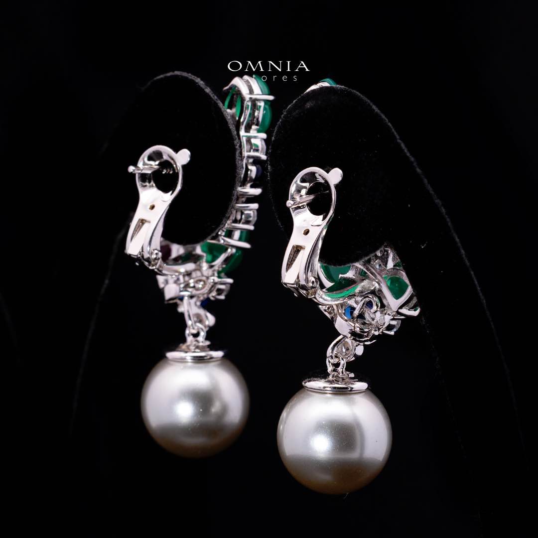 Omnia Leila Multicolor Floral Design Double Pearl Drop Earrings in 925 Silver with High-Quality Simulated Diamonds
