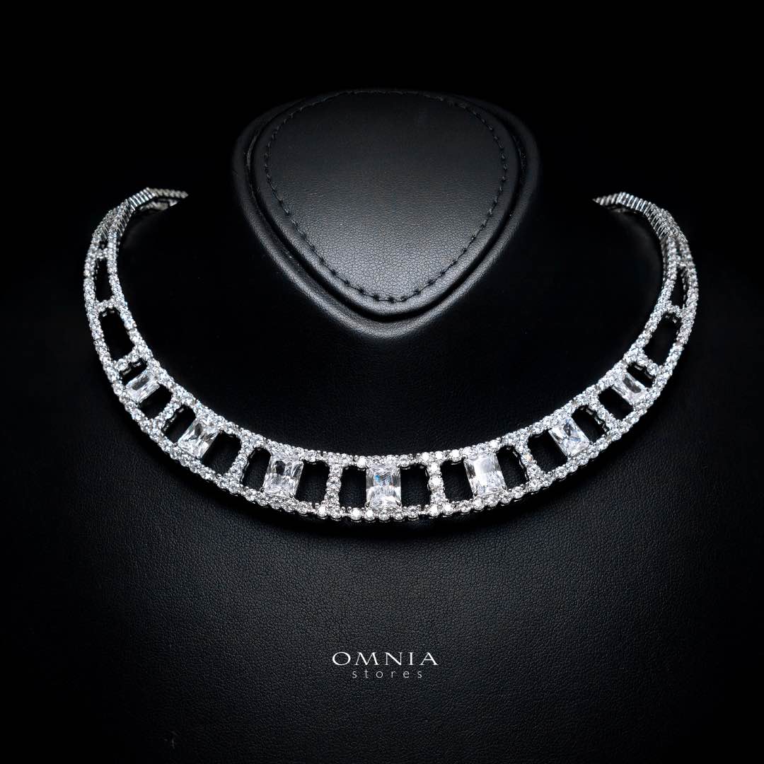 Omnia Alessandra White Necklace in 925 Silver with Emerald-Cut High-Quality Simulated Diamonds