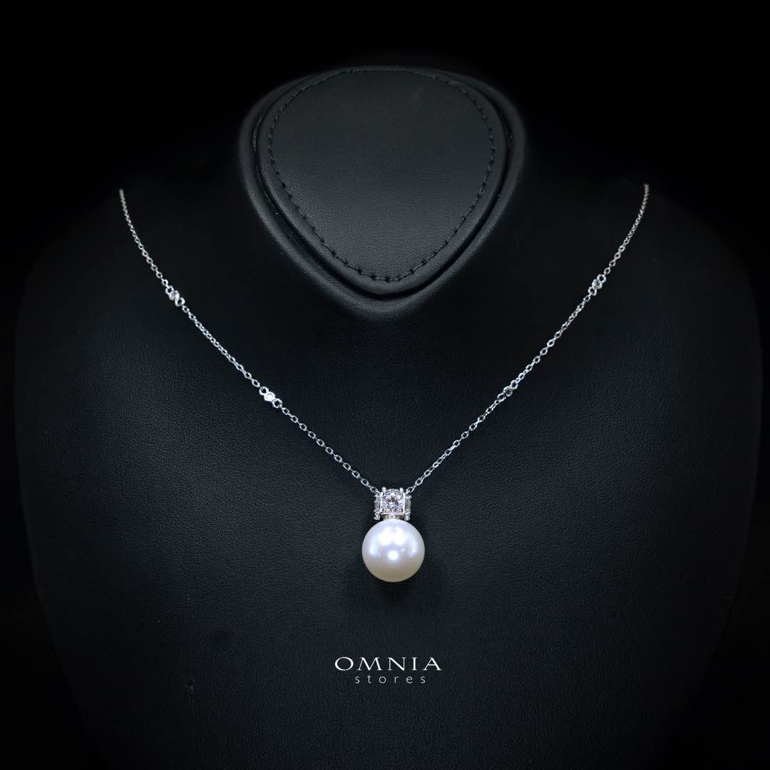 Omnia Belle White Pearl Necklace In 925 Silver High Quality Simulated Diamonds